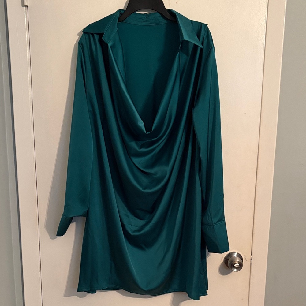 Teal Draped Long Sleeve Blouse